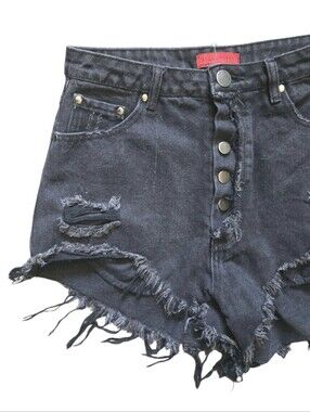 Signature8 Black Distressed Frayed Hem Denim Shorts